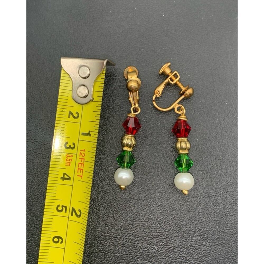 Vintage Gold Tone & Red & Green Beads & Faux Pear Christmas Screw back Earrings - Picture 3 of 3